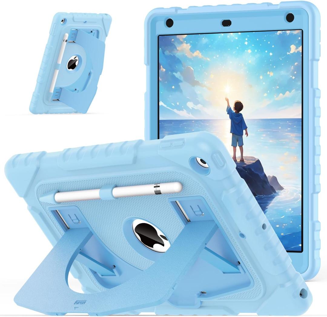 OKP Case for iPad 9th/ 8th/ 7th Generation 10.2 Inch (2021/2020/2019), Shockproof Rugged Heavy Duty i Pad 9 8 7 th Gen Protective 10.2'' Cover with Pencil Holder/Kickstand, Sky Blue