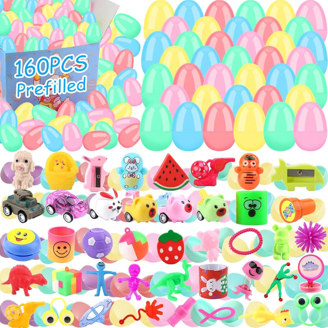 155 PCS Prefilled Easter Eggs with Toys,Filled Easter Eggs with Toys Inside,Easter Basket Stuffers for Kids,Prefilled Eggs for Easter Egg Hunt,Easter Party Favors for Kids Classroom Prizes
