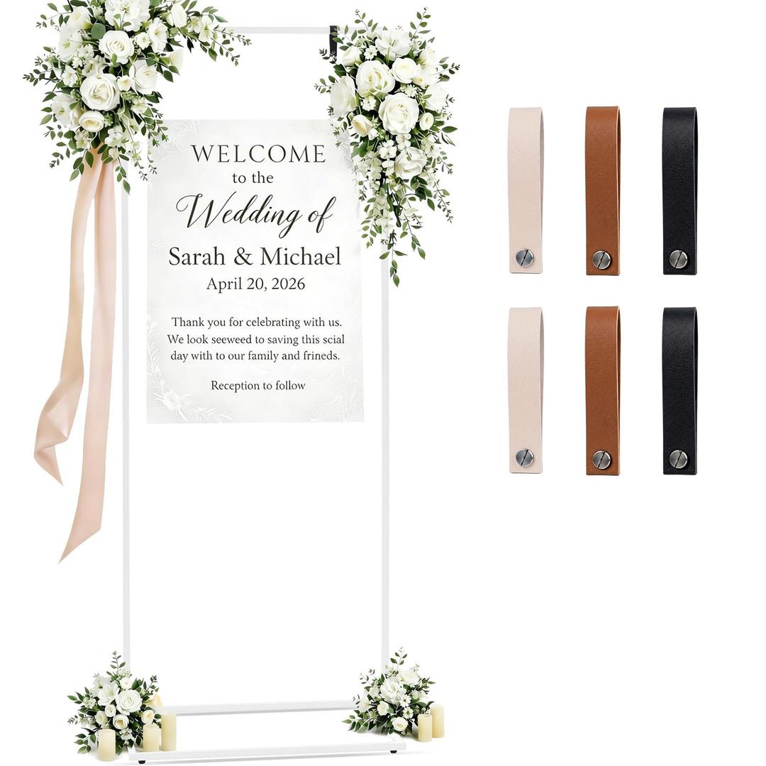 WEDORA Wedding Welcome Sign Stand, 79" Extra-Tall Height - White Metal Sign Holder with 6 Leather Straps, Easel Stand for Seating Charts & Event Dcor