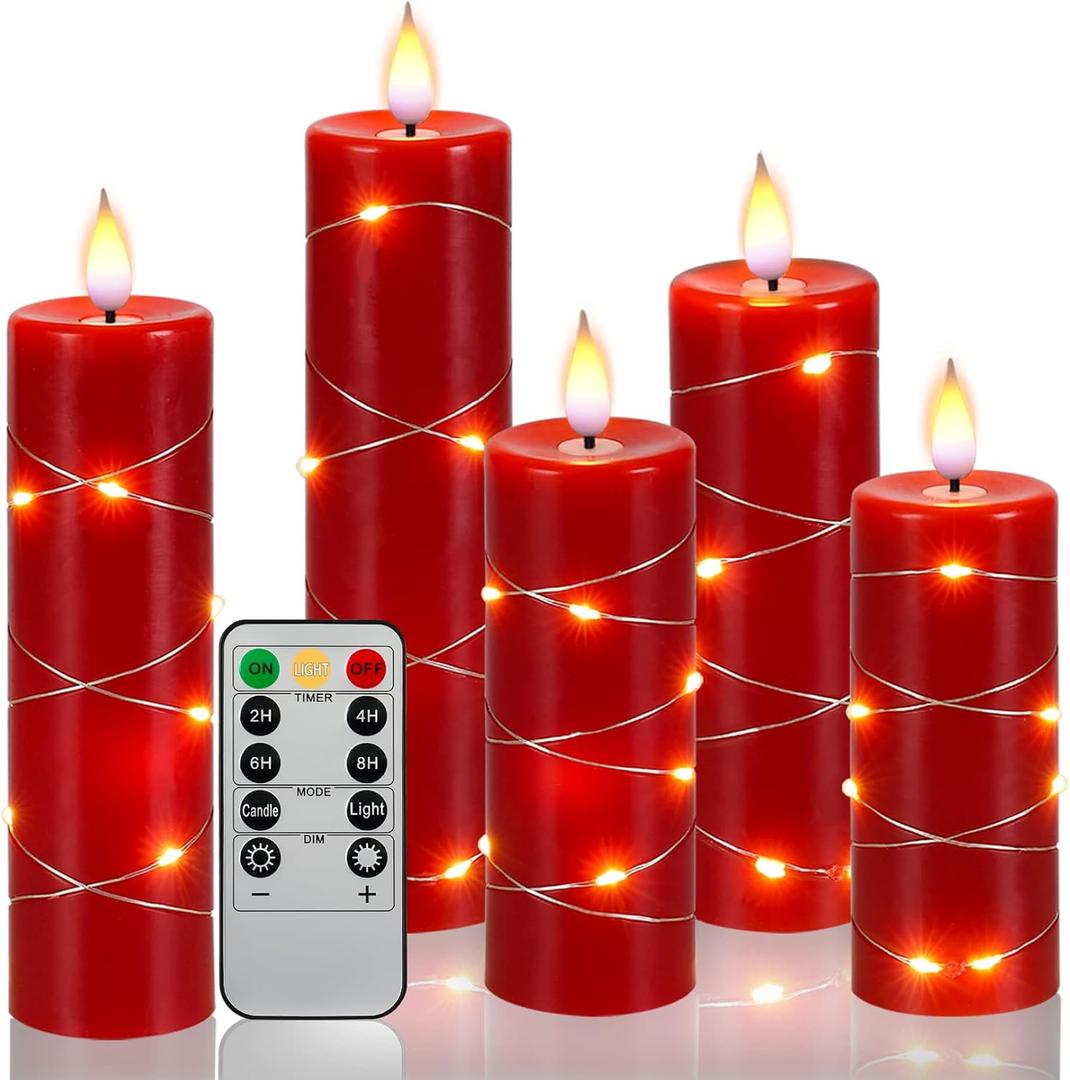 Red Flameless Candle with Remote Control LED Candle with String Lights Battery Powered Flameless Candle4'' 5'' 6'' 7'' 8'' 