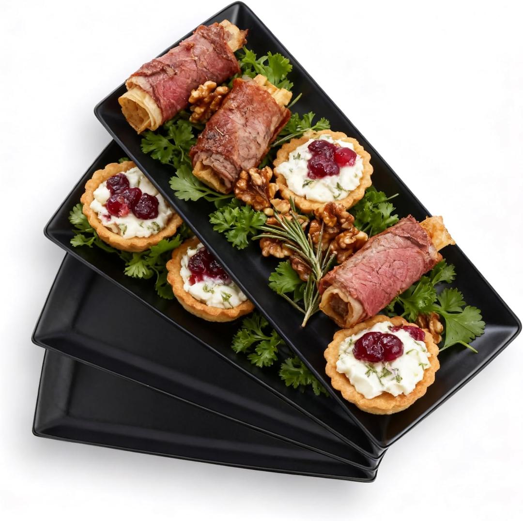 Gomakren Serving Platter Serving Dishes, 14 Inch Porcelain Serving Trays for Party, Large Serving Platters and Trays, Rectangular Sushi Plates for Entertaining Thanksgiving Christmas, Set of 4, Black
