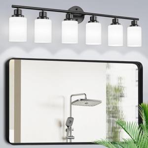 Guliaofo 6-Light Matte Black Vanity Lights for Mirror, E26 Base Bathroom Lighting Fixtures Over Mirror with Milky White Frosted Striped Glass Shade, Modern Kitchen Light Fixtures Wall Sconce Light