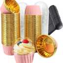 Cupcake Liners for Baking 100Pack,Free-Air 3.5Oz Foil Baking Cups with Dome Lids,Disposable Muffin Tins Muffin Cups for Wedding Birthday Party, with Spoons-Pink in Gold