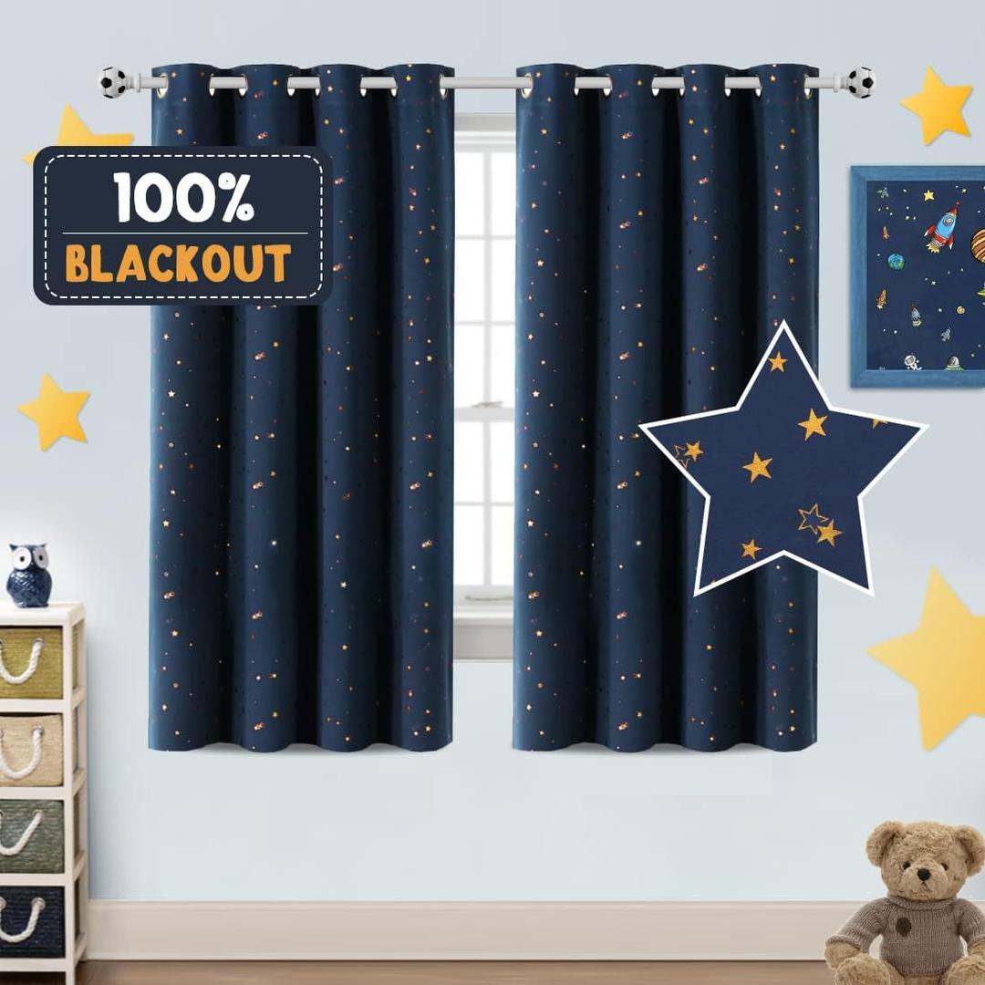 PrinceDeco Blackout Kids Curtains for Bedroom Thermal Insulated Bronze Twinkle Star Curtains for Boys Antique Grommet Top Window Treatment 2 Panels Drape for Nursery (52" W x 63" L, Navy/Bronze)