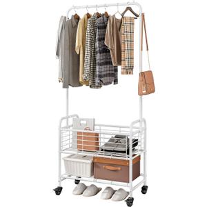 SUOERNUO Laundry Basket with Wheels Rolling Laundry Hamper Laundry Sorter Cart Shelf Hanging Rack, White