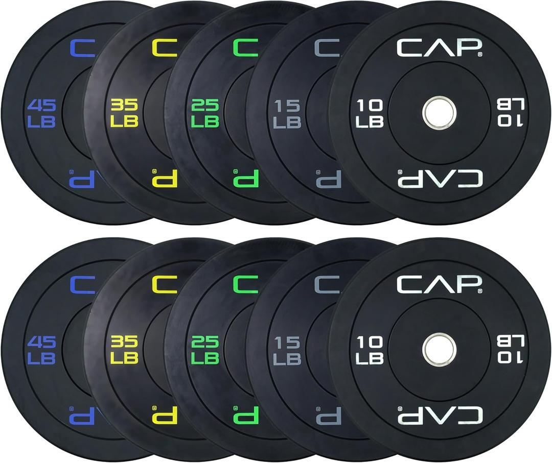 CAP 260lb Economy Olympic Bumper Plate Weight Set | Medium-bounce rubber, Steel hubs, 2-inch compatibility, Weightlifting and home gym use,  ECONOMY, 260 lb - Set