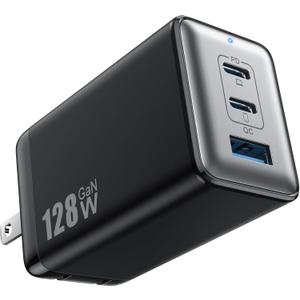 128W USB C Wall Charger,GaN III 3-Port Fast Charging Station,PD QC Foldable Charger Block Portable 65W Laptop Adapter for MacBook Pro/Air,iPad Pro,Galaxy S23,Dell XPS 13,iPhone 17/16/Pro etc