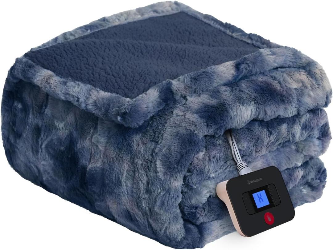 Westinghouse Electric Blanket Full, Faux Fur Heated Blanket with 10 Heating Levels & 1-12 Hours Auto Off, Soft Cozy Sherpa Heated Blanket Washable Blanket (80" x 84" Full Size, Indigo)