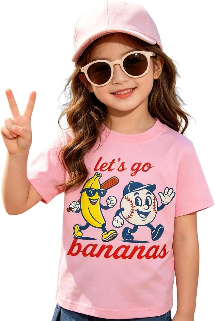 IZYJOY Toddler Girl Boy Baseball Shirt Lets Go Banana T-Shirt Kids Baseball Outfit Cute Banana Tee Game Day Short Sleeve Top, Size 140