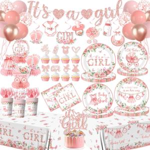 Its a Girl Baby Shower Decorations, Pink Floral Baby Shower Decorations for Girl Include Plates,Napkins,Banner,Balloons,Tablecloth,Cups,Hanging Swirl,Cake Topper,Honeycomb for Baby Girl Party Decor