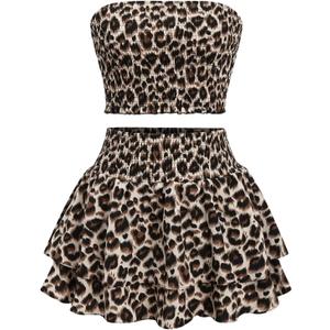 GORGLITTER Women's Sexy Summer Going Out Outfits Tube Tops Cheetah Leopard Print Y2k Mini Skirt Set (Black and Brown), XS
