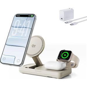THREEKEY 3 in 1 iPhone 17 Charging Station,MagSafe Charger Compatible, Qi2 25W MFi Certified Wireless Charger Stand for iPhone 17-12, Apple Watch, AirPods, Pixel 10 Pro XL(45W Adapter Included) (Sand)