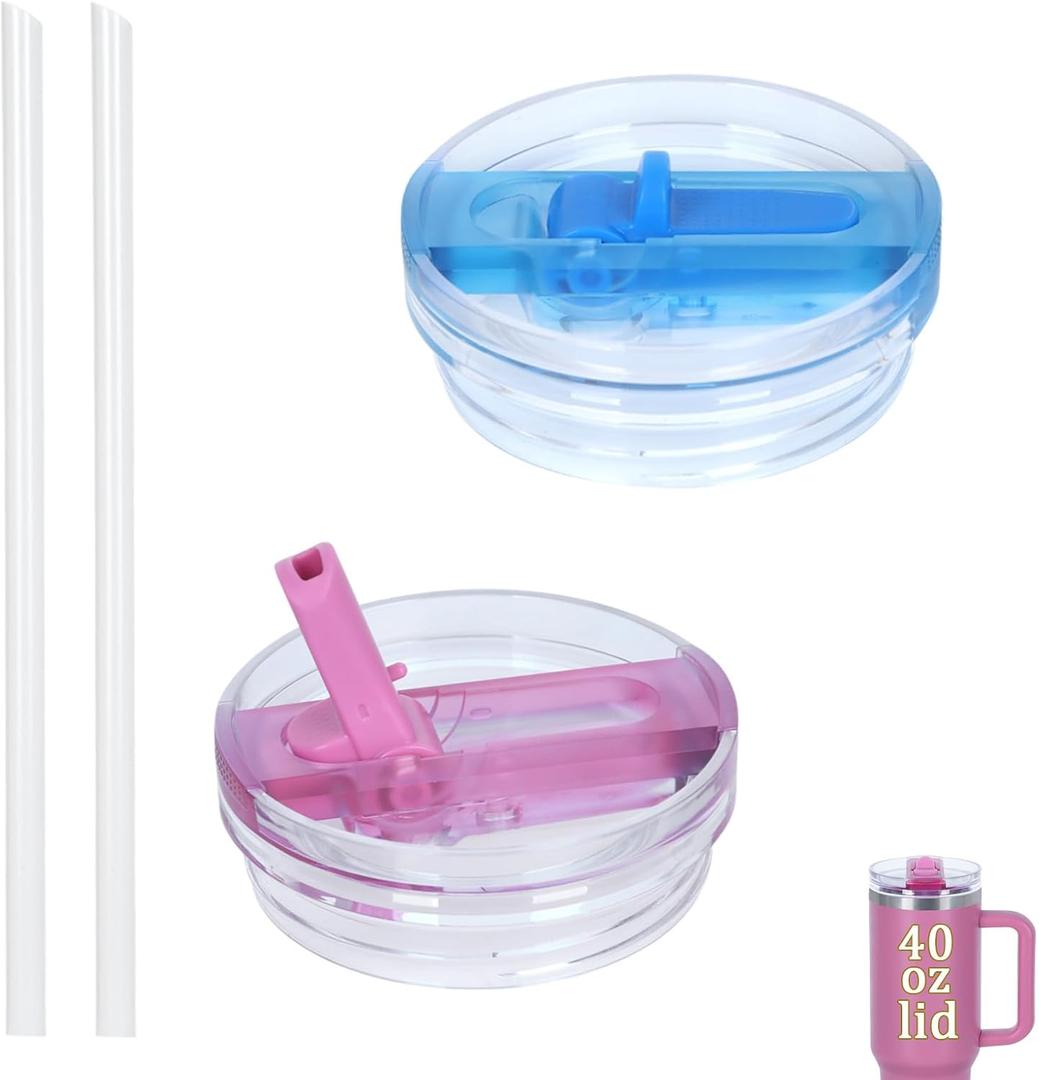 2 PACK 40 Oz Leak Splash Proof Lid, 40 Oz Tumbler Detachable Flip Straw Lid Replacement Accessories, Reusable Spill Proof Screw on Flip Straw Tumbler Cover (Sapphire Blue, Light Pink)