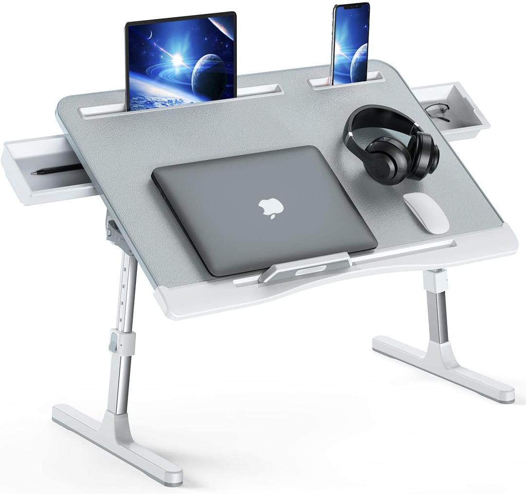Laptop Bed Tray Desk, Foldable and Adjustable Lap Table with Heights and Angles, Upgraded-Sturdy Laptop Lap Desk for Bed/Sofa/Couch/Floor (2 Drawers, X-Large, Grey) (Gray)