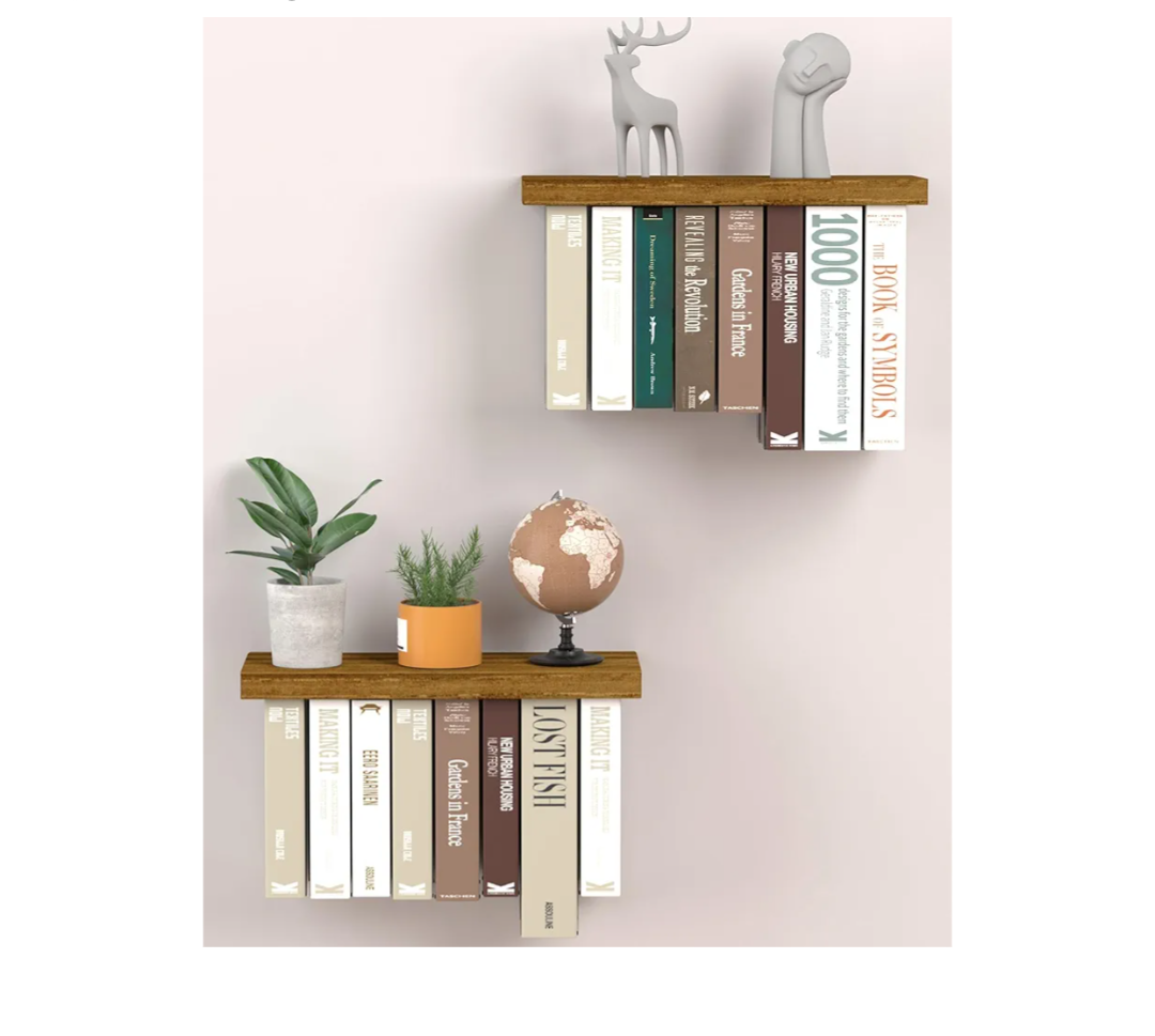 Floating Book Shelves for Wall Mounted Set of 2, Wood Hanging Bookshelf, Book Display Shelf for Wall, Unique Space Saving Book Shelf Wall Book Holder (Brown)
