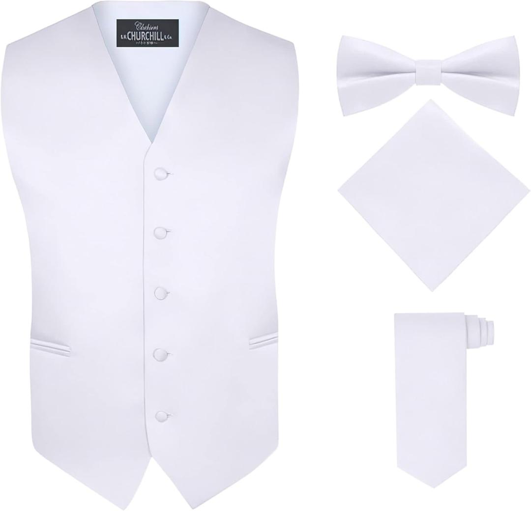 S.H. Churchill & Co. Men's 4 Piece Vest Set, with Bow Tie, Neck Tie & Pocket Hankie S