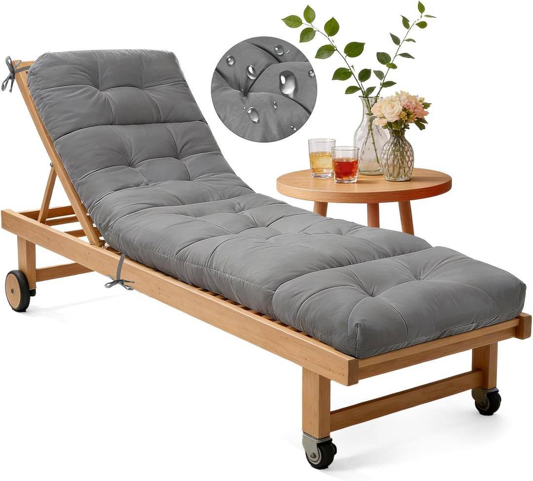 Outdoor Chaise Lounge Chair Cushion - Waterproof 74.8 x 21.7 x 4.7 Inches Memory Foam Pool Lounge Chair Cushions Replacement for Outdoor Furniture with Ties: Thickened Pool Chair Cushions, Grey