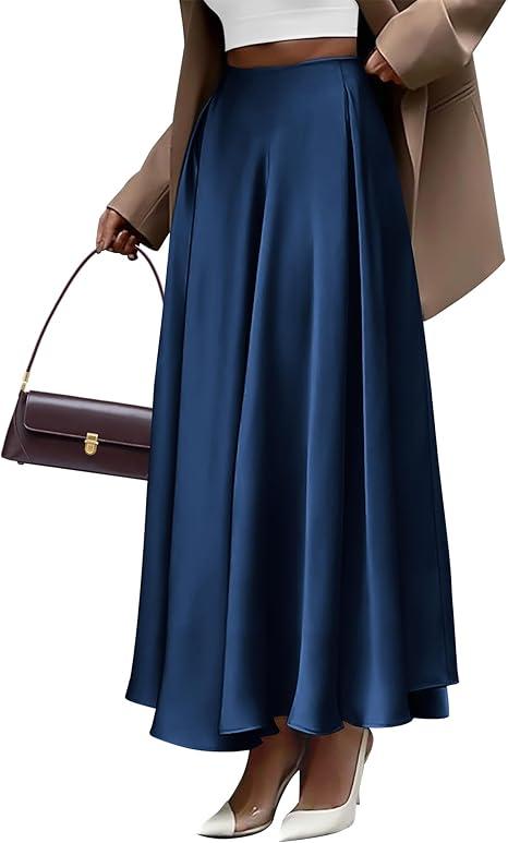 BTFBM High Waisted Skirts for Women Fall Clothes 2025 Elegant Satin Flowy A-Line Cocktail Formal Night Out Maxi Skirt, M, Navy