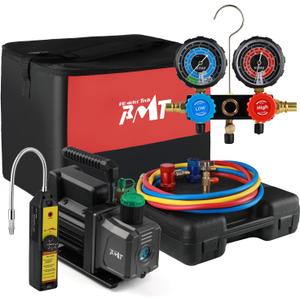 PB Motor TECH 4.5CFM 1/3HP Vacuum Pump with 3-Way R1234yf AC Manifold Gauge Set, Leak Detector, Can Tap, Quick Couplers & More Included