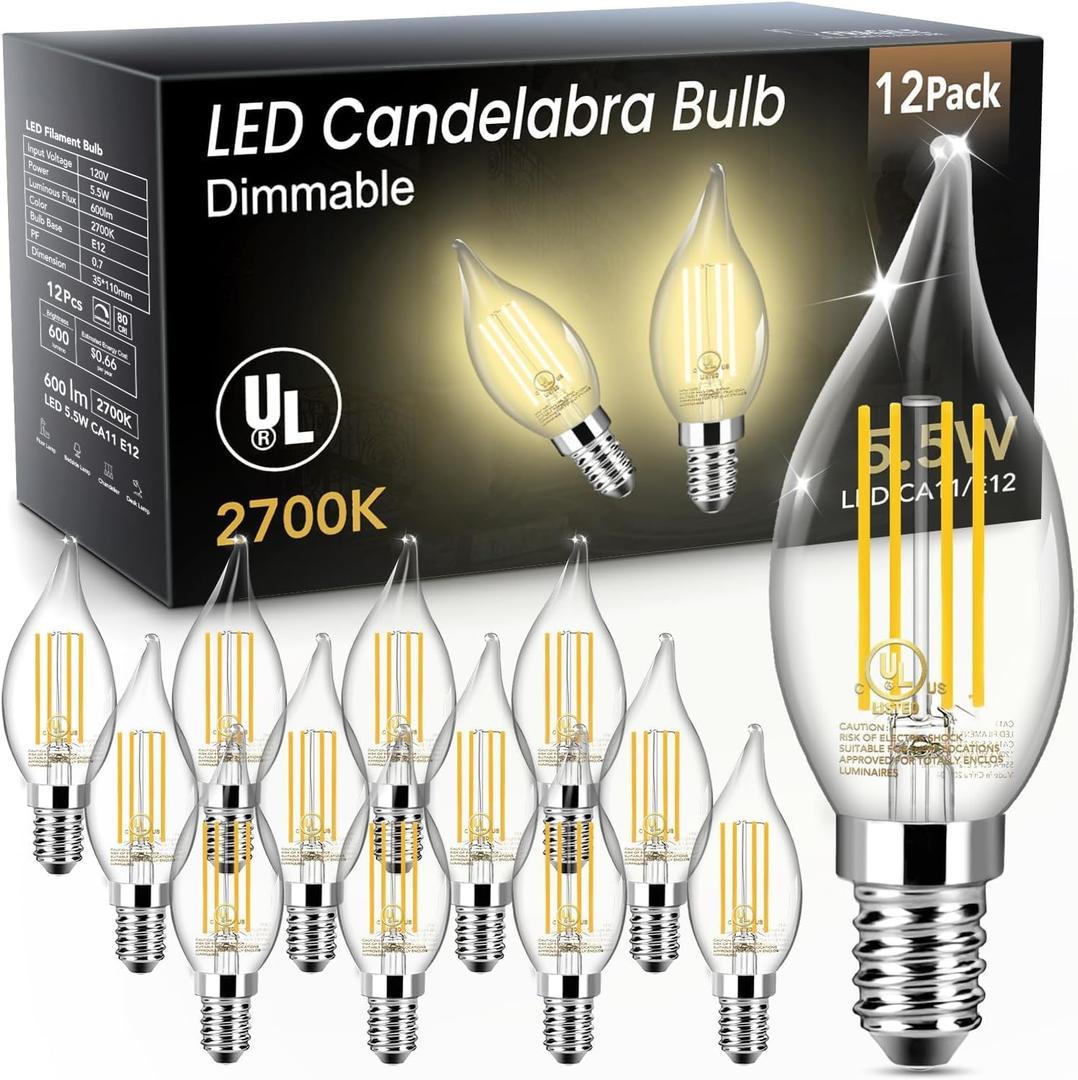 TJOY E12 LED Candelabra Bulb Dimmable, 60W Equivalent LED Chandelier Light Bulbs, 5.5W 2700K Soft Warm White 600LM CA11 Flame Tip Vintage Filament Candle Light, 12 Pack (2700k Warm White)