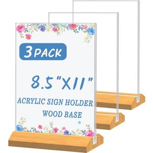 3 Pack Acrylic Sign Holder 8.5 x 11 Inch, Wood Base Signs Stand for Menu Flyer Display, Table Clear Plastic T Shape Holder for Stores, Restaurants, Hotels, Office, Farmers Market Show Fair Decor