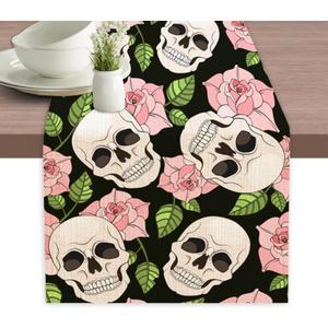 Pink Rose Skull Table Runner Dresser Scarves Seasonal Linen Tablerunner for Indoor Outdoor Kitchen Home Party Holiday Dining Table Decor 13 X 70 Inch