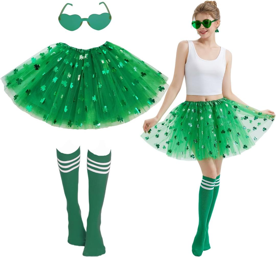 Adult Women St. Patricks Day Green Tutu Skirt with Scock Set Teens Shamrock Dress-Up Irish Party Clover Tutu Costumes (Green, L)