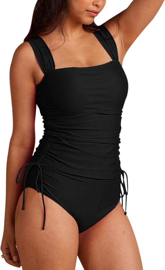 Pink Queen Women's 2 Piece Tankini Bathing Suit Tummy Control High Waisted Bikini Bottom Ruched Drawstring Swimsuit (X-Large, Black)