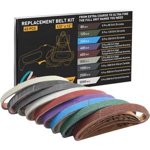 45 Pcs 1/2" x 12" Replacement Sharpening Belt Kit for Official Work Sharp Knife & Tool Sharpener (WSKTS & WSKTS-KT/Mk.1 & Mk.2) - Assorted Grits (80/120/240/400/600/800/1000/2500/5000)