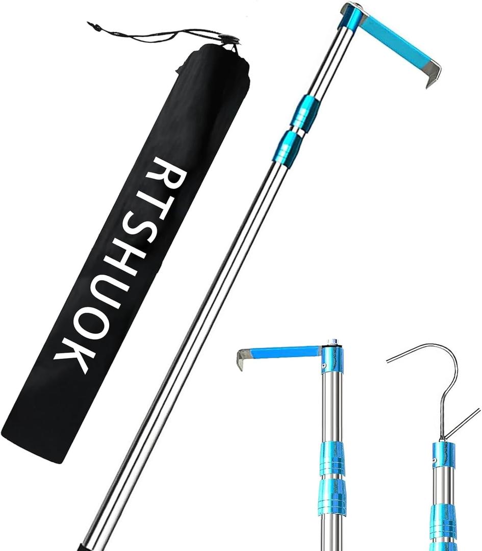 6.3 Ft Truck Cargo Grabber Reach Retriever Tool, Expandable Heavy Duty Stainless Steel Truck Telescoping Pull Pole with Two Hooks for PickupTruck SUV Boat Accessories (Blue)