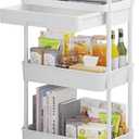 Calmootey 3Tier Rolling Utility Cart with Drawer,Multifunctional Storage Organizer with Plastic Shelf & Metal Wheels,Storage Cart for Kitchen,Bathroom,Living Room,Office,White