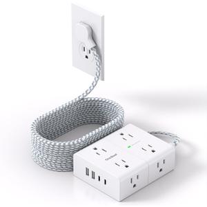 Surge Protector Power Strip 15 Ft Cord, Ultra Thin Flat Extension Cord with 8 Outlets 4 USB Ports(2 USB C), Flat Plug Power Strip, 15 Ft Long Braided Power Cord for Home, Office, Dorm Room Essentials (White & Grey)