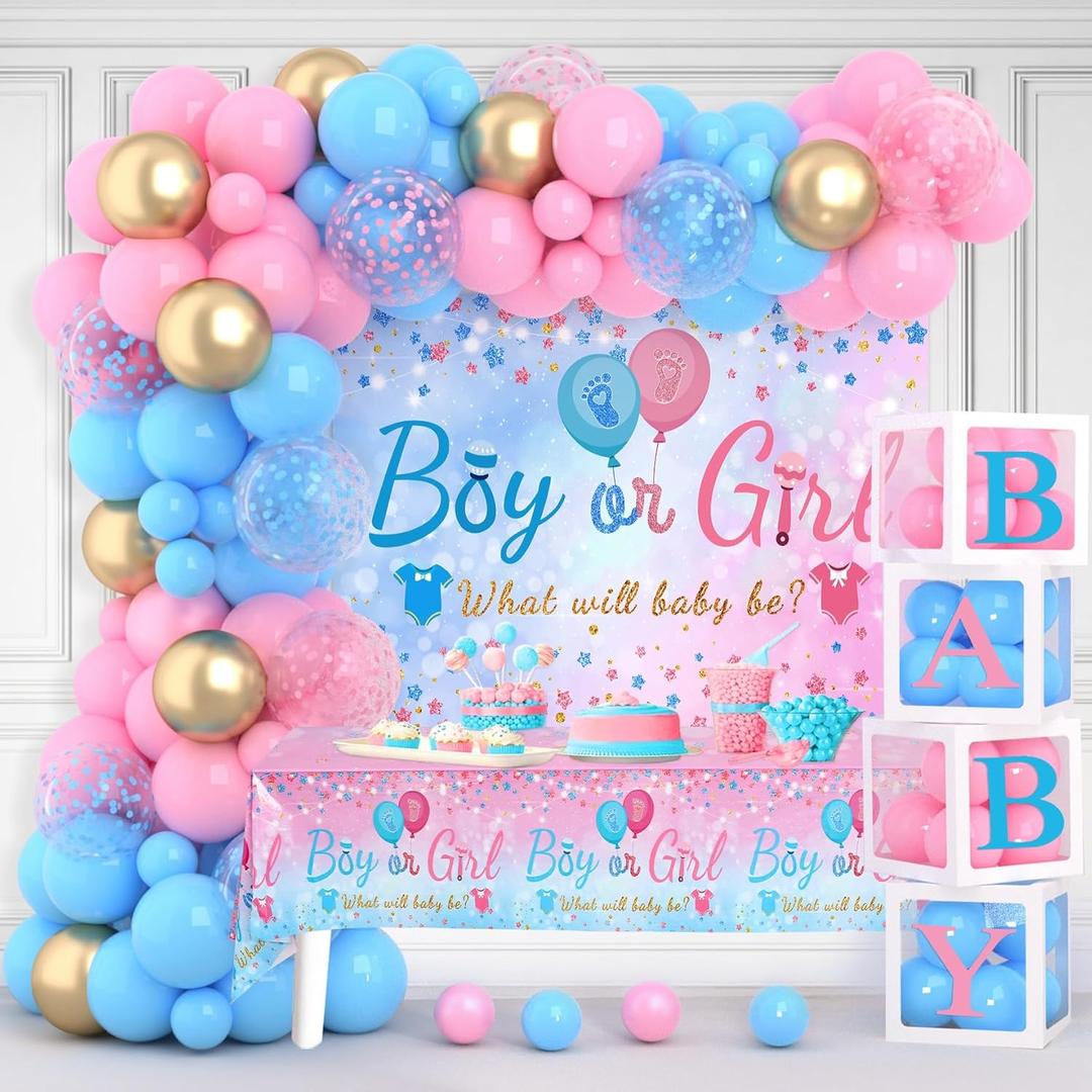 Baby Gender Reveal Party Decorations - Pink Blue Balloon Arch Garland Kits With 4 pcs Balloon Boxes, Backdrop and Tablecloths for Baby Shower, Boy or Girl Gender Reveal Party Ideas Supplies