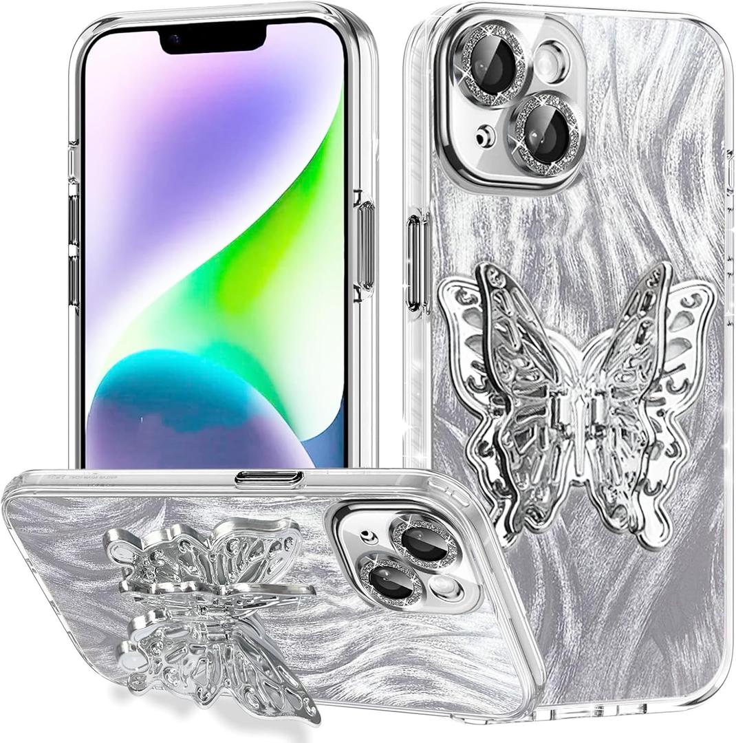Compatible for iPhone 15 Case with Cute Butterfly Stand and Luxury Bling Camera Protection for Women Girls Aesthetic Glitter Slim Shockproof Protective Phone Case 6.1IN, Sliver