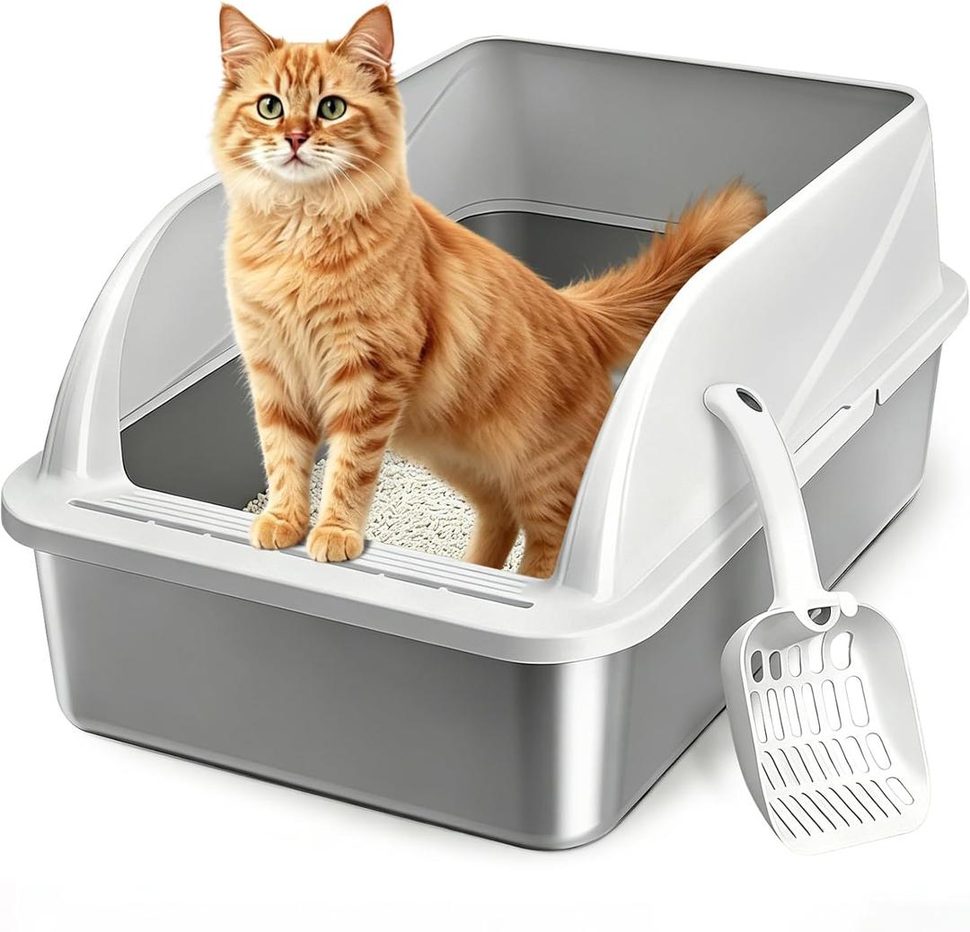 Stainless Steel High Sides Cat Litter Box with Scoop, Open Top Litter Pan for Indoor Cats, Easy to Clean, Reduced Litter Scatter, Medium