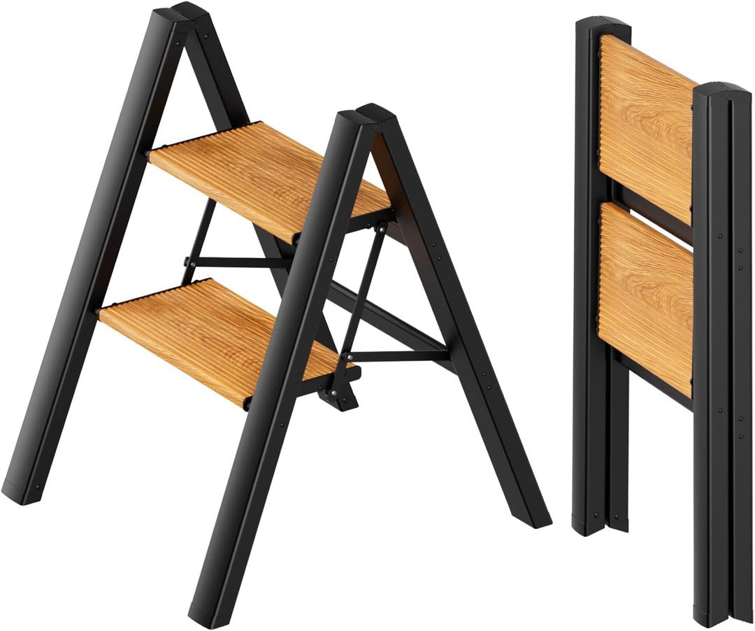 2 Step Ladder, Anti-Slip and Lightweight Foldable Step Ladder for Adults & Kids to Use in Kitchen,Closet and Library,300lbs(Black+Woodgrain)