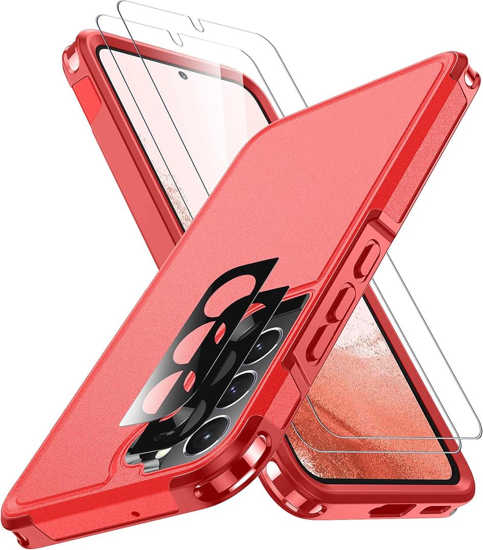 SPIDERCASE Designed for Samsung Galaxy S22 Case,[10 FT Military Grade Drop Protection],2 Pack [Tempered Glass Screen Protector+Camera Lens Protector] Heavy Duty Shockproof Case,Red