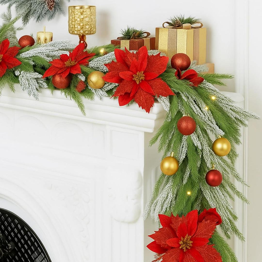 VIHOSE 6 ft Christmas Flocked Norfolk Pine Garland, Luxury Real Touch Garland with Lights, Glitter Red Poinsettia, Bows & Balls, Battery Operated Prelit for Xmas Mantel Stair Railing Home Decor