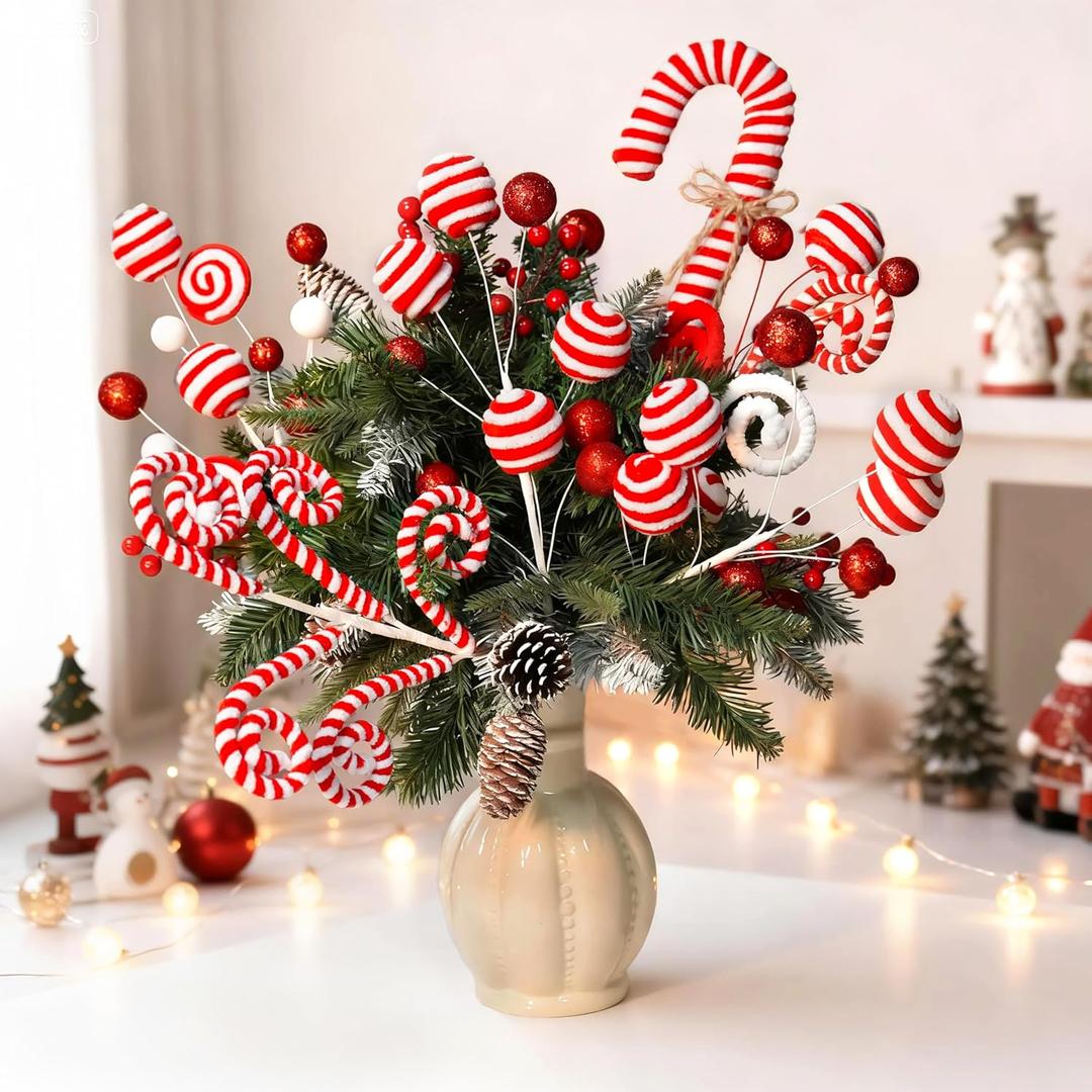 5pcs Candyland Christmas Tree Picks Candy Cane Tree Topper, Red and White Christmas Tree Decorations with Glitter, Curly Lollipop Candy Picks for Xmas Holiday Wreath Vase Party Decor