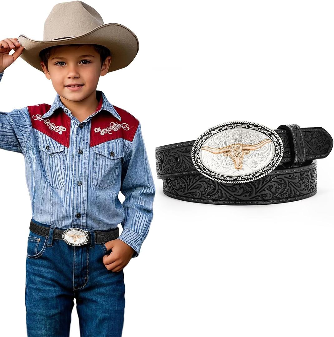 SUOSDEY Kids Western Belt for Boys Girls,Toddler Youth Cowboy Cowgirl Genuine Leather Belt with Longhorn Bull Buckle (Fit Waist Size 26"-29", 04-black(silver Buckle))