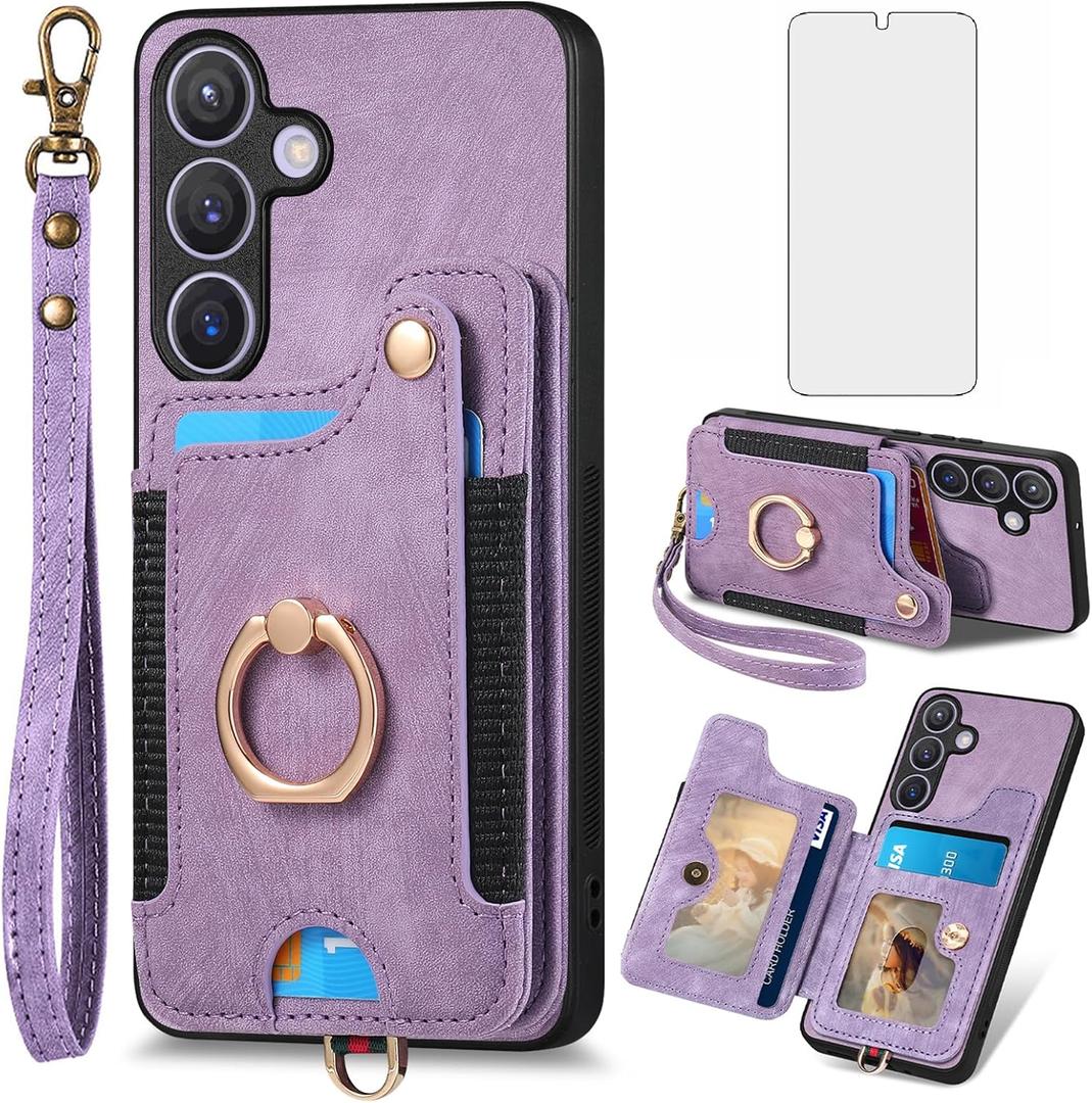 Phone Case for Samsung Galaxy S24 Plus S24+ 5G Wallet Cover with Tempered Glass Screen Protector and Wrist Strap Lanyard RFID Credit Card Holder Ring Stand Cell S24plus 24S + S 24 24+ Women Men Purple