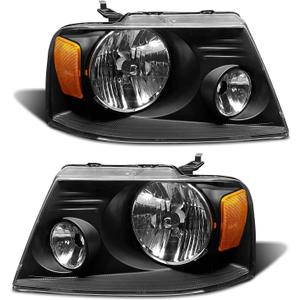 2004-2008 F150 Pickup Headlight Assembly for 04-08 Ford F150 / 06-08 Lincoln Mark LT Clear Lens Black Housing with Amber Reflector Headlamp Replacement Left and Right（W/O Bulbs）