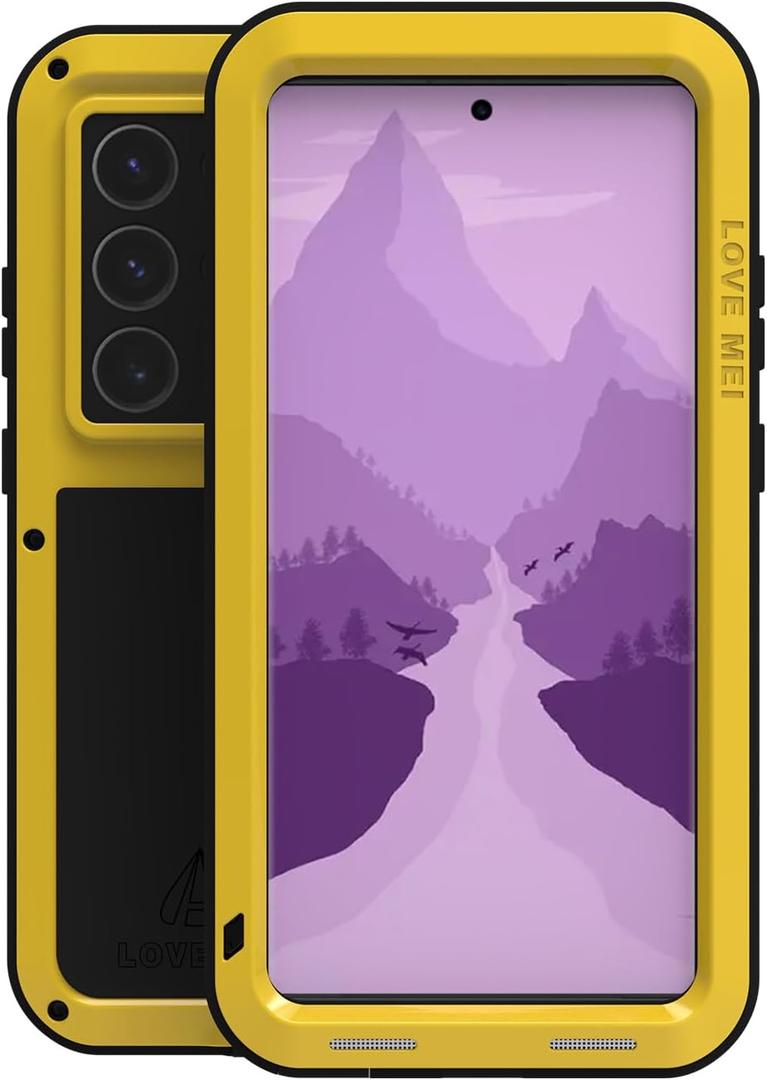 LOVE MEI Military Rugged Case for Samsung Galaxy S24Ultra, Without Tempered Glass Screen Protector, Shockproof Dustproof Scratch Proof Hybrid Metal and Silicone Gel Heavy Duty Full Body Cover Yellow