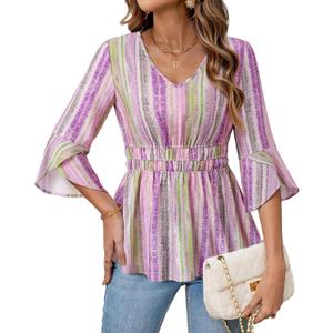 Timeson Women's 3/4 Sleeve Tops Dressy Casual V Neck Floral Blouses Elastic Waist Fall Shirts (Pink, L)