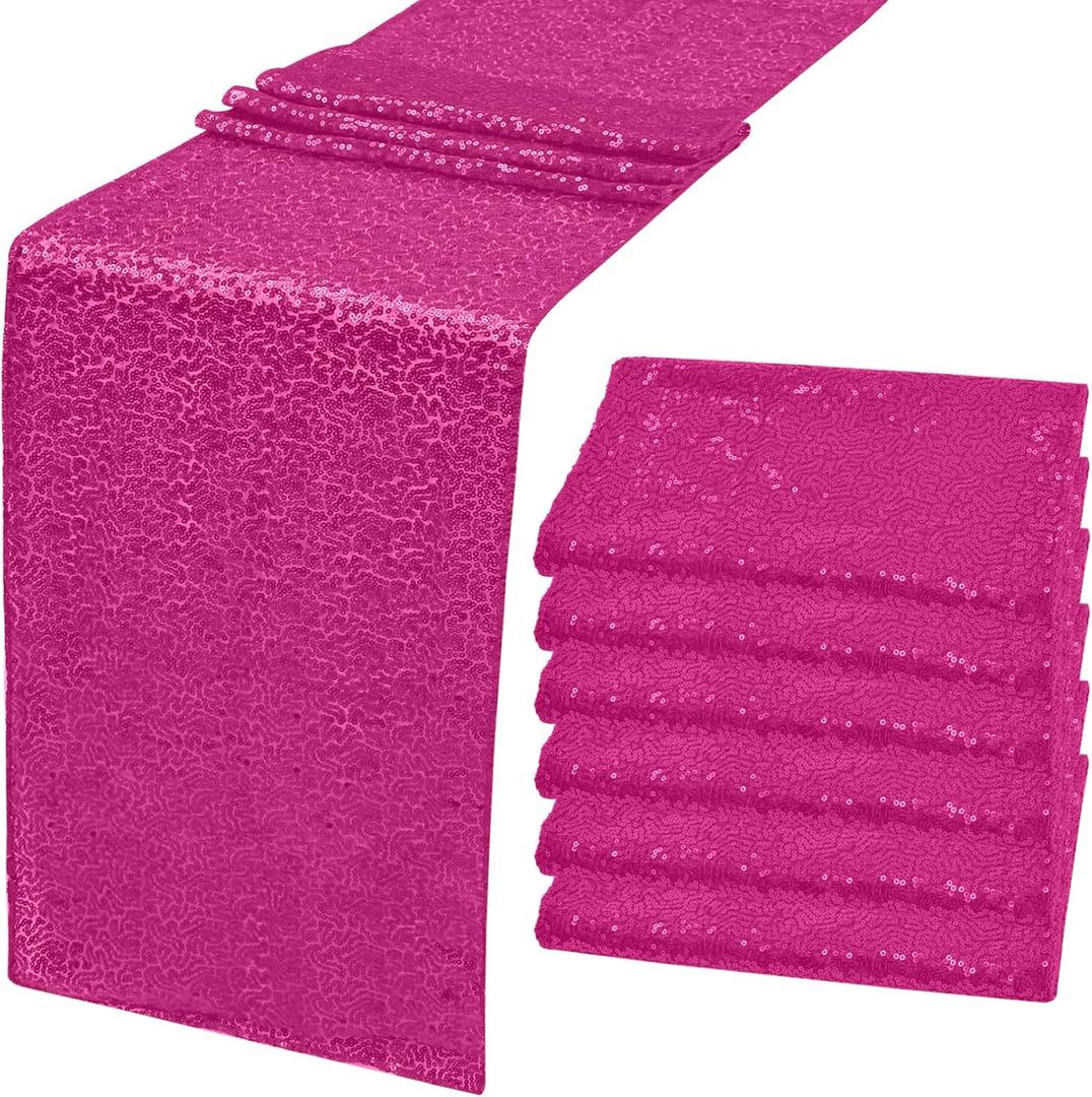 6 Pack Sequin Table Runner 12" x 108" - Sparkle Table Cloths for Baby Shower, Bridal Shower, Wedding, Birthday Party Table Decor (Hot Pink)