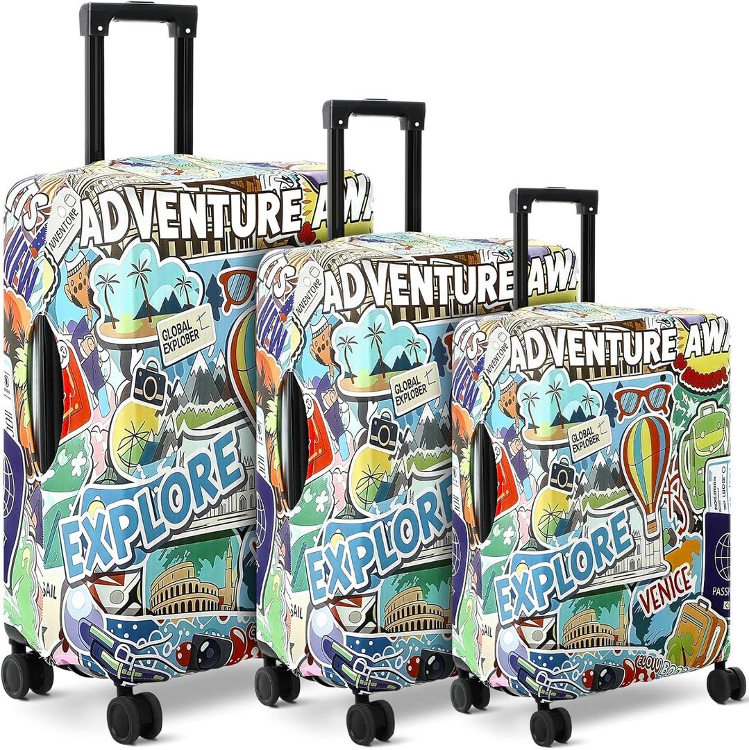 3 Pcs Travel Luggage Cover Washable Suitcase Protector Cover Anti Scratch Case Fits 18-28 Inch Luggage, 3 Sizes(Travel Style)