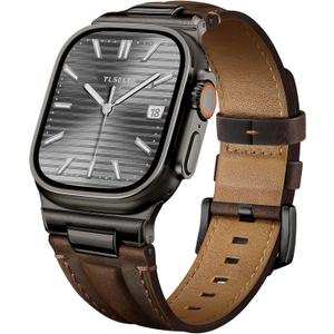 Leather Band for Apple Watch Ultra 3/Ultra 2 Bands 49mm 46mm 45mm 44mm, Top Genuine Leather Designer Replacement Strap for iWatch Ultra 3 2 1 SE series 11 10 9 8 7 6 5 4 3 (Black - Classic Retro Walnut)