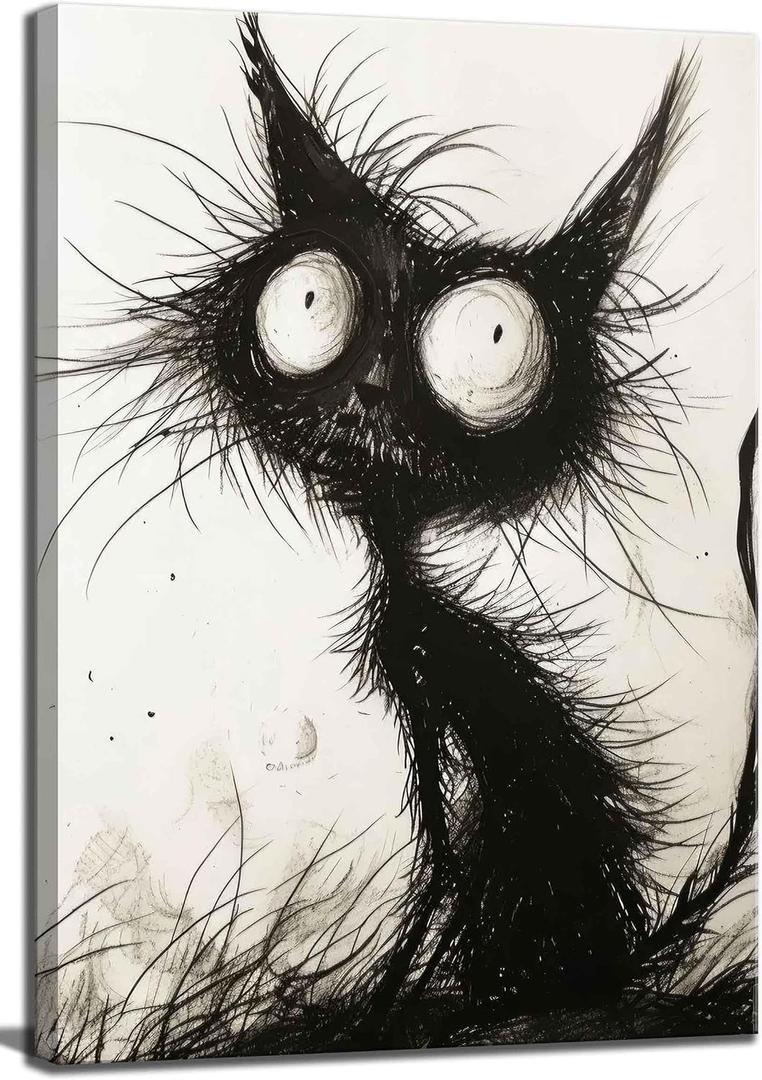 Funny Black Cat Canvas Wall Art Gothic Spooky Feline painting Decor Pictures Halloween Creepy Black And White Art Cat Posters Prints for Cafe Bar Living Room Restaurant Bedroom Decoration, 24"L x 16"W