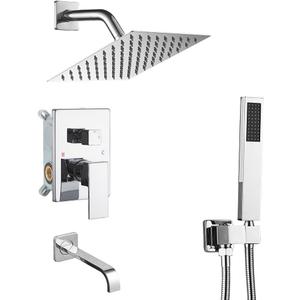 Chrome Shower System Bathroom Shower Faucet Set with Tub Spout Wall Mounted 8 Inch Shower Head and Handle Set with Handheld 3 Function Tub and Shower Trim Kit with Rough-in Valve