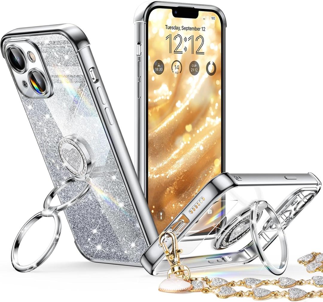 XYZ for iPhone 13 Case with Stand, Phone Case with Double Ring Kickstand, Women Girls Bling Luxury Glitter Clear Phone Case Cover Heart for iPhone 13, Silver